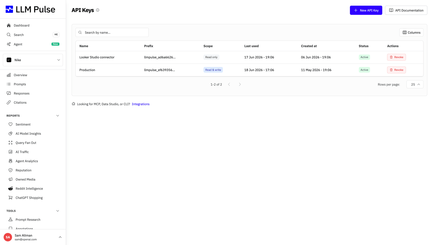 LLM Pulse API access screen with developer options